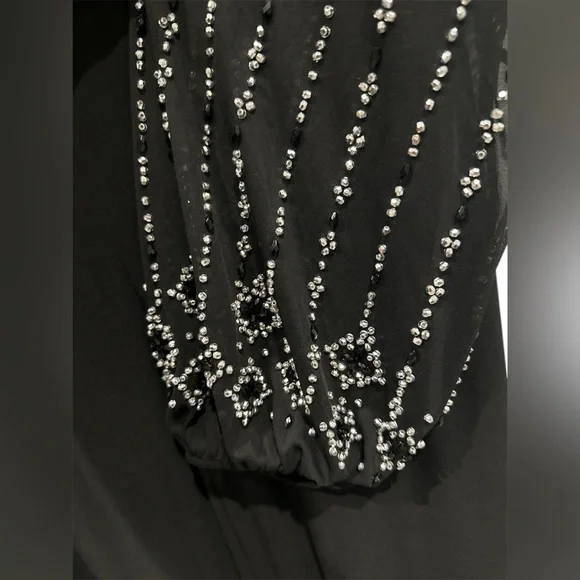 NWT Marina boat neck jersey long beaded sleeve back slit sheath black Dress - Picture 8 of 11